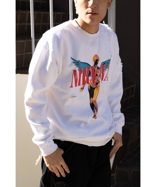 SUNNY  SPORTS（サニースポーツ）の「【 NIRVANA / ニルヴァーナ 】WORN-OUT BAND CREW ウォーンアウト バンド クルーネックスウェット SUY（Tシャツ/カットソー・メンズ・ブラック/ホワイト・LARGE/X-LARGE）」の6枚目の写真