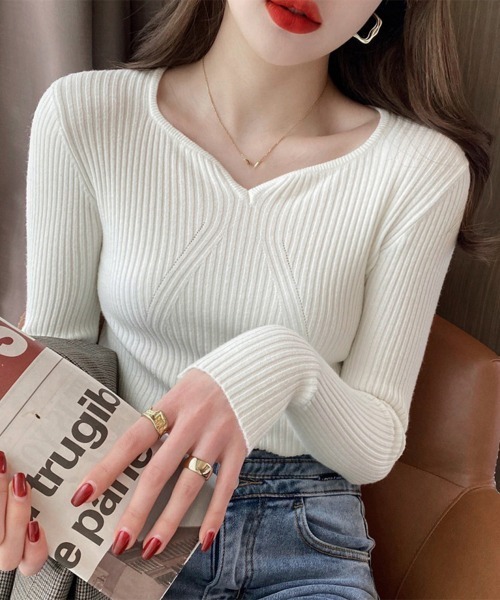 Miniministore(ミニミニストア)の「リブニットトップス レディース 大人秋服(ニット/セーター・レディース・ホワイト/グレー/アイボリー/ベージュ/ブラック/ダークブラウン・フリー)」の2枚目の写真