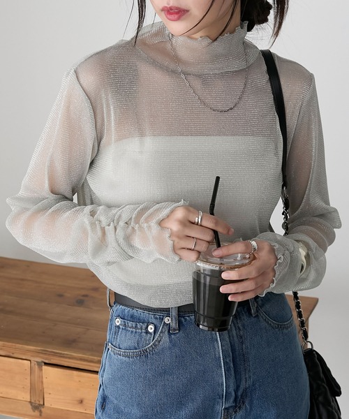 BONLECILL(ボンルシール)の「シアーラメメローインナープルオーバー(Tシャツ/カットソー・レディース・ブラック/グレイッシュブルー/グレー/ピンク/ミント/オフホワイト/チャコールグレー/モカ/ワイン・FREE)」の15枚目の写真