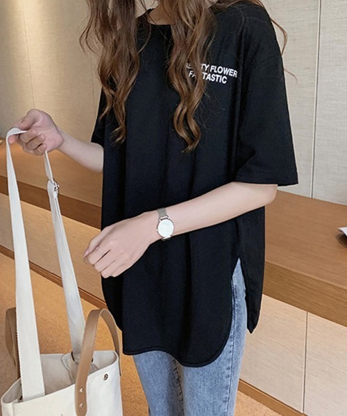 Miniministore(ミニミニストア)の「ロングtシャツ レディース 韓国 ロゴT(Tシャツ/カットソー・レディース・ホワイト/ダークグレー/ブラック・L/XXL/XL/M)」の2枚目の写真