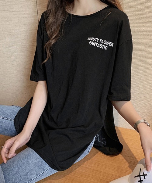 Miniministore(ミニミニストア)の「ロングtシャツ レディース 韓国 ロゴT(Tシャツ/カットソー・レディース・ホワイト/ダークグレー/ブラック・L/XXL/XL/M)」の4枚目の写真