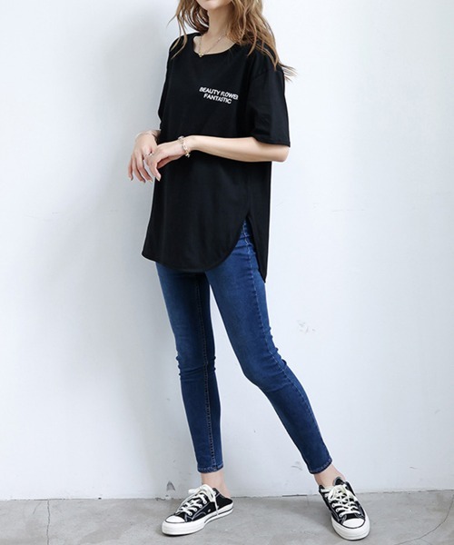 Miniministore(ミニミニストア)の「ロングtシャツ レディース 韓国 ロゴT(Tシャツ/カットソー・レディース・ホワイト/ダークグレー/ブラック・L/XXL/XL/M)」の5枚目の写真