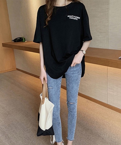 Miniministore(ミニミニストア)の「ロングtシャツ レディース 韓国 ロゴT(Tシャツ/カットソー・レディース・ホワイト/ダークグレー/ブラック・L/XXL/XL/M)」の6枚目の写真