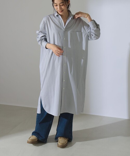 TICCA　スクエアビッグロングシャツワンピース　ストライプ　白×ネイビー TICCA スクエアビッグロングシャツワンピース ストライプ 白