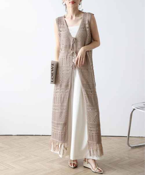 La-gemme(ラジェム)の「2WAYクロシェニットロングジレ(カーディガン/ボレロ・レディース・カーキ/ブラック/モカ/ベージュ・フリー)」の9枚目の写真