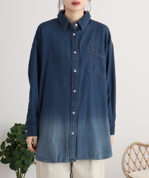 atONE(アットワン)の「オーバーサイズロングスリーブデニムシャツ(シャツ/ブラウス・レディース・ワンウォッシュ/ネイビー・LL~3L/4L~5L/M-L)」の4枚目の写真