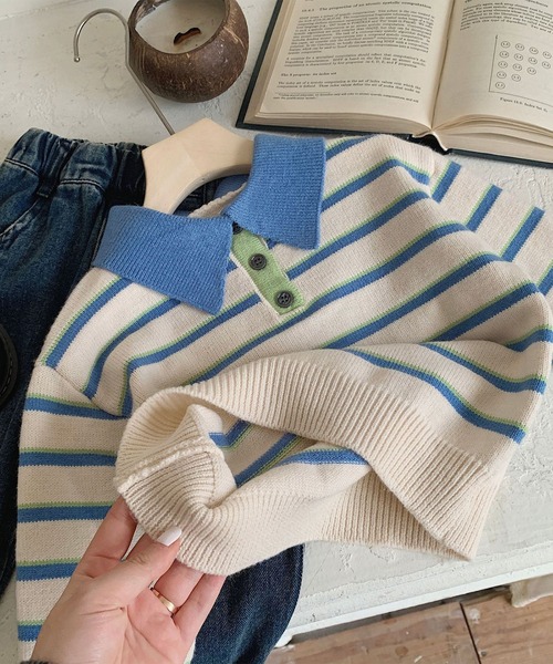 aimoha（アイモハ）の「【aimoha-KIDS-】ボーダーポロニット（ポロシャツ・キッズ・ブルー・90/100/110/120/130）」の9枚目の写真