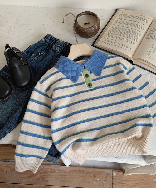 aimoha（アイモハ）の「【aimoha-KIDS-】ボーダーポロニット（ポロシャツ・キッズ・ブルー・90/100/110/120/130）」の6枚目の写真