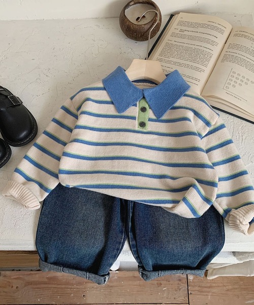 aimoha（アイモハ）の「【aimoha-KIDS-】ボーダーポロニット（ポロシャツ・キッズ・ブルー・90/100/110/120/130）」の8枚目の写真