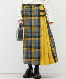 Live in comfort | リブ　イン　コンフォート　人気スタイリスト　石上美津江さんとつくった　巻きスカート風チェックスカート〈グレー×マスタードイエロー〉(スカート)