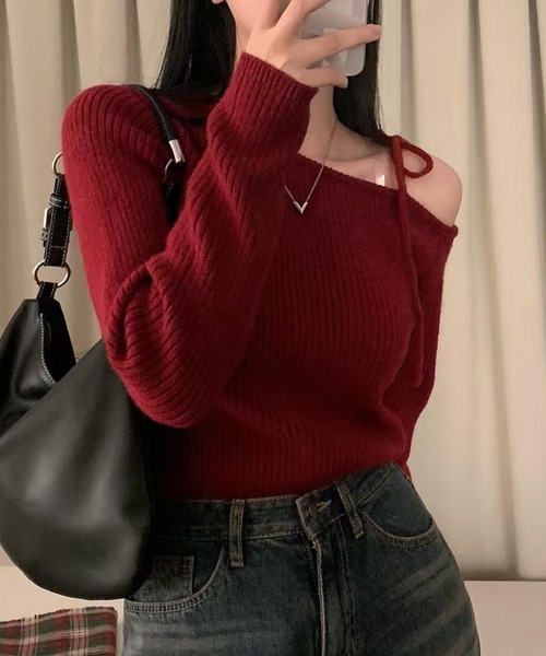 ＊レア＊ 美品 【ブルマリン】 ニットカットソー オフショルダー リボン 長袖 MERCURYDUO ニット セーター ショルダーリボンオフショルロング