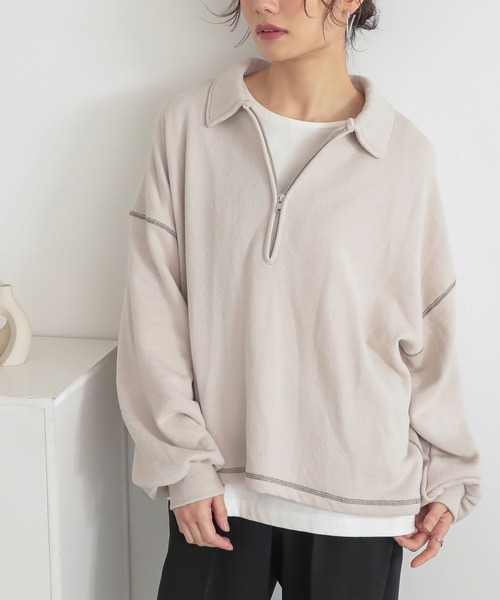 n'OrLABEL(ノアールレーベル)の「配色ステッチハーフジップスウェット(スウェット・レディース・ライトベージュ/チャコールグレー/ライトグリーン・1/2)」の1枚目の写真