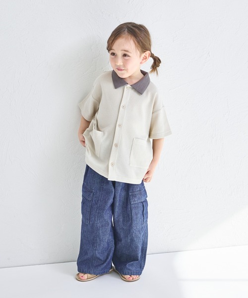 pairmanon（ペアマノン）の「【ふんわりワッフル】【リンクコーデ】ポロ風 開襟シャツ（シャツ/ブラウス・キッズ・ホワイト系その他/ライトベージュ/ブラック/ホワイト系その他2/ブラック系その他・120/150/110/140/130/100/90）」の6枚目の写真