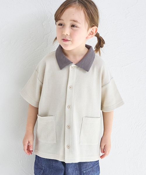 pairmanon（ペアマノン）の「【ふんわりワッフル】【リンクコーデ】ポロ風 開襟シャツ（シャツ/ブラウス・キッズ・ホワイト系その他/ライトベージュ/ブラック/ホワイト系その他2/ブラック系その他・120/150/110/140/130/100/90）」の10枚目の写真