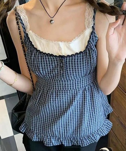 00s TRALALA ビスチェ風 モノトーンチェック柄フリルキャミワンピ 00s TRALALA ビスチェ風 モノトーンチェック柄フリルキャミワンピ