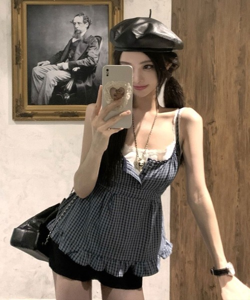 Mejoul（メジュール）の「チェック柄フリルビスチェ（キャミソール・レディース・ブルー・L/M/S）」の3枚目の写真