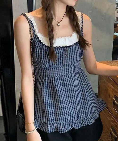 Mejoul（メジュール）の「チェック柄フリルビスチェ（キャミソール・レディース・ブルー・L/M/S）」の2枚目の写真