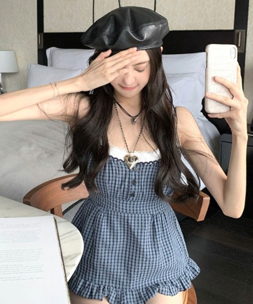 Mejoul（メジュール）の「チェック柄フリルビスチェ（キャミソール・レディース・ブルー・L/M/S）」の6枚目の写真