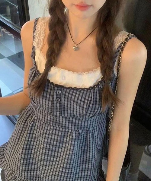 00s TRALALA ビスチェ風 モノトーンチェック柄フリルキャミワンピ