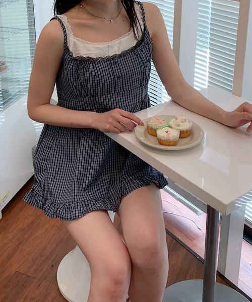 00s TRALALA ビスチェ風 モノトーンチェック柄フリルキャミワンピ