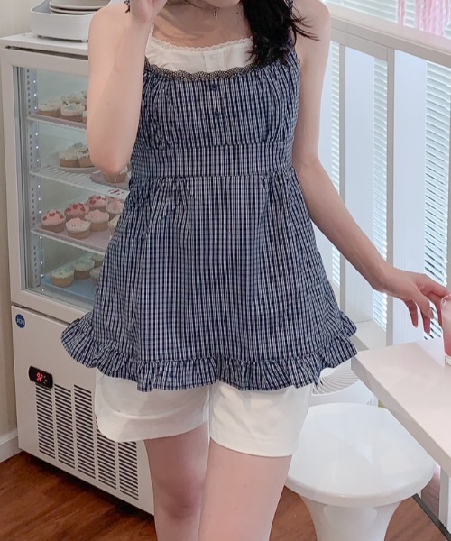 Mejoul（メジュール）の「チェック柄フリルビスチェ（キャミソール・レディース・ブルー・L/M/S）」の10枚目の写真