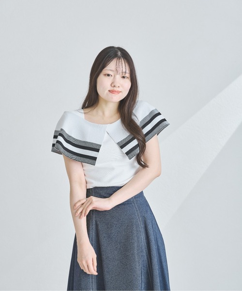 MISCH MASCH(ミッシュマッシュ)の「ボーダージャガード2wayケープニット(ニット/セーター・レディース・ホワイト/ベージュ/ブラック・フリ-)」の7枚目の写真