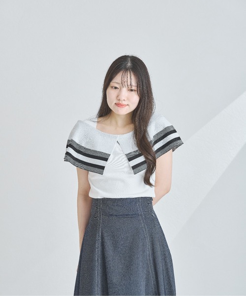 MISCH MASCH(ミッシュマッシュ)の「ボーダージャガード2wayケープニット(ニット/セーター・レディース・ホワイト/ベージュ/ブラック・フリ-)」の6枚目の写真