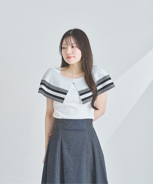 MISCH MASCH(ミッシュマッシュ)の「ボーダージャガード2wayケープニット(ニット/セーター・レディース・ホワイト/ベージュ/ブラック・フリ-)」の5枚目の写真