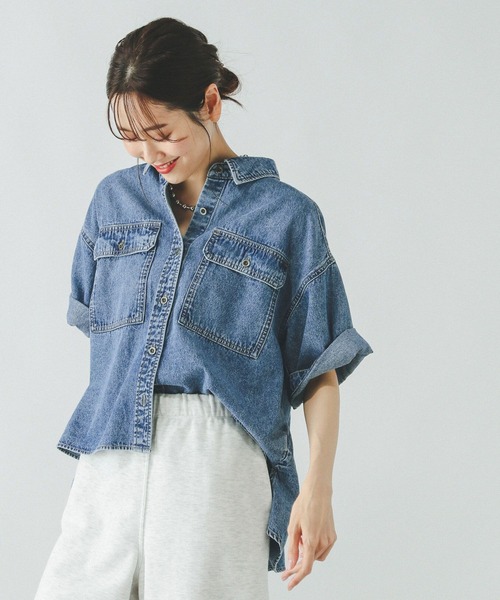 ブラウス シャツ 「Healthy DENIMコラボ」クロップド半袖デニムシャツ レディース Healthy denim ブラウス シャツ 「Healthy DENIMコラボ