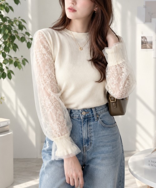Dewlily(デューリリー)の「【再入荷アイテム】カジュアルにもレディライクにも着まわせて便利◎レーススリーブニット(シャツ/ブラウス・レディース・アイボリー/ブラック/ベージュ/グレー・FREE)」の22枚目の写真