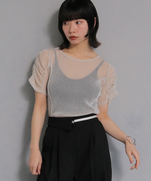 cheriella(シェリエラ)の「【cheriella】ソフトラメシアーパフスリーブトップス半袖 SOFT LAME SHEER PUFF SLEEVE SHORT TOPS(Tシャツ/カットソー・レディース・チャコールグレー/ブラック/アイボリー/ブルーグリーン・M)」の1枚目の写真