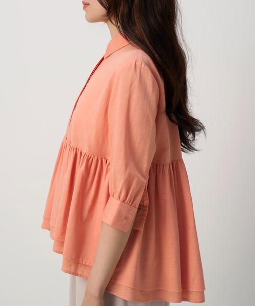 NAUL（ナウル）の「コットンシアーウエストギャザーブラウス　/　ブラウス　ウォッシャブル　コットン　シャツ　ナチュラル　無地　トップス　綿　七分丈　五分丈　春服　夏服　きれいめ　カジュアル　オフィス　ホワイト　オフ　オレンジ　マーマレード　白　橙（シャツ/ブラウス・レディース・オレンジ/オフホワイト・FREE）」の8枚目の写真