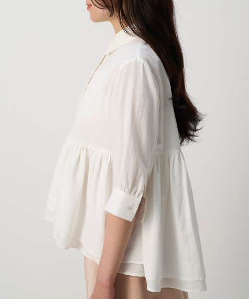 NAUL（ナウル）の「コットンシアーウエストギャザーブラウス　/　ブラウス　ウォッシャブル　コットン　シャツ　ナチュラル　無地　トップス　綿　七分丈　五分丈　春服　夏服　きれいめ　カジュアル　オフィス　ホワイト　オフ　オレンジ　マーマレード　白　橙（シャツ/ブラウス・レディース・オレンジ/オフホワイト・FREE）」の6枚目の写真