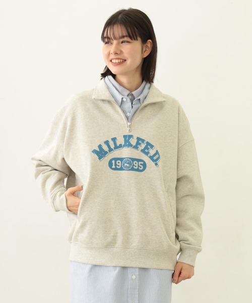 【新品】ミルクフェド バックロゴ入りスウェット トレーナー アッシュ L COLLEGE LOGO HALF ZIP TOP（スウェット）｜MILKFED.（ミルク