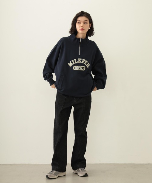【新品】ミルクフェド バックロゴ入りスウェット トレーナー アッシュ L COLLEGE LOGO HALF ZIP TOP（スウェット）｜MILKFED.（ミルク