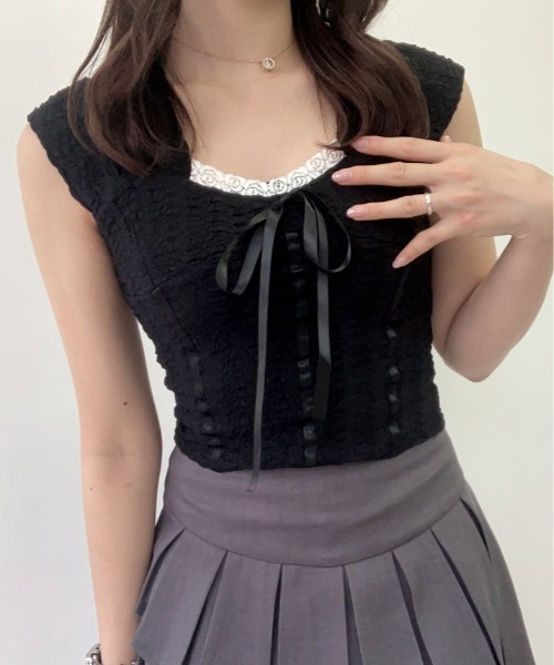 kirakiraShop(キラキラショップ)の「【新色追加】ポコポコ素材でサマームード満点。リボン レース ノースリーブ トップス 袖なし(Tシャツ/カットソー・レディース・ブラック/ホワイト/グレー・FREE)」の10枚目の写真