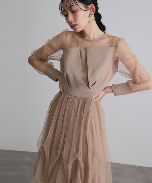 atlo 袖あり&ミモレ丈同窓会ビスチェお呼ばれ結婚式オケージョンドレス atlo ドレス 袖あり＆ミモレ丈同窓会ドレープビスチェお呼ばれ