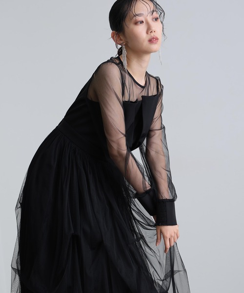 袖あり&ミモレ丈同窓会成人式ビスチェボリュームチュールスカートAラインお呼ばれ 袖あり&ミモレ丈同窓会成人式ビスチェボリュームチュール