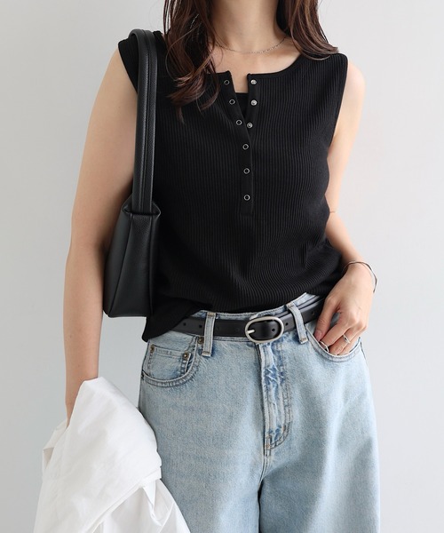 andme(アンドミー)の「セルフカットリブヘンリーネックノースリーブトップス(タンクトップ・レディース・ダークブラウン/スミクロ/キナリ/ブラック/杢グレー・M)」の8枚目の写真