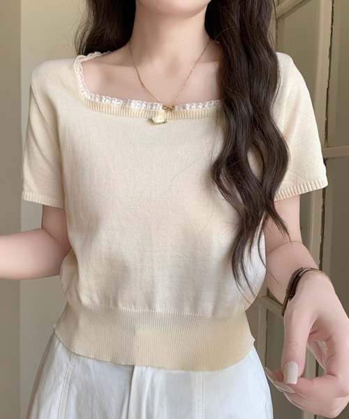 Miniministore(ミニミニストア)の「スクエアネック サマーニット トップス(ニット/セーター・レディース・オフホワイト/グリーン/ラベンダー/ブラック/ベージュ・FREE)」の3枚目の写真