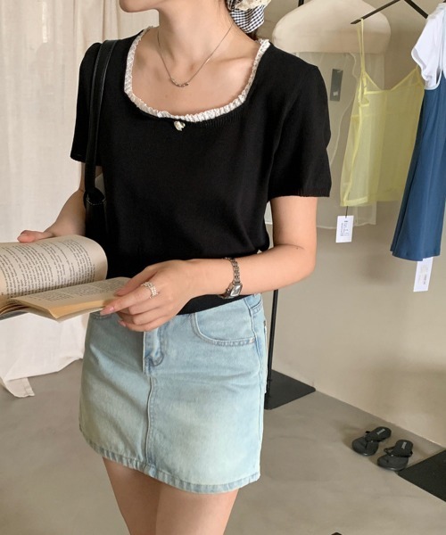 Miniministore(ミニミニストア)の「スクエアネック サマーニット トップス(ニット/セーター・レディース・オフホワイト/グリーン/ラベンダー/ブラック/ベージュ・FREE)」の1枚目の写真