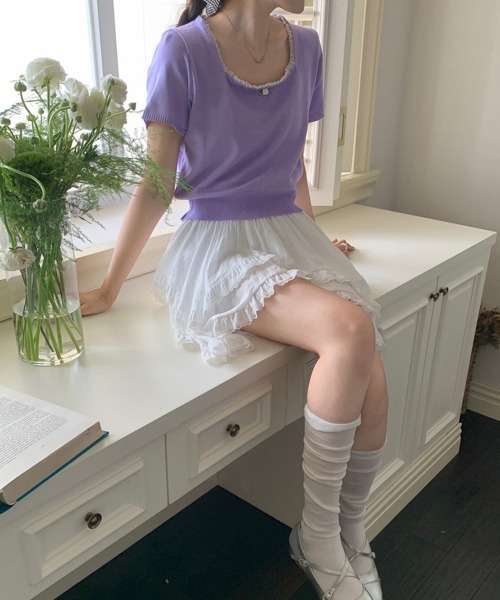 Miniministore(ミニミニストア)の「スクエアネック サマーニット トップス(ニット/セーター・レディース・オフホワイト/グリーン/ラベンダー/ブラック/ベージュ・FREE)」の12枚目の写真