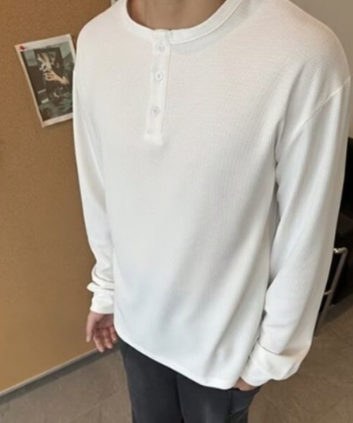 SHEPP(シープ)の「ビッグシルエットワッフル無地ヘンリーネックロンT(Tシャツ/カットソー・メンズ・ホワイト/グレー/ブラック・M/L)」の1枚目の写真