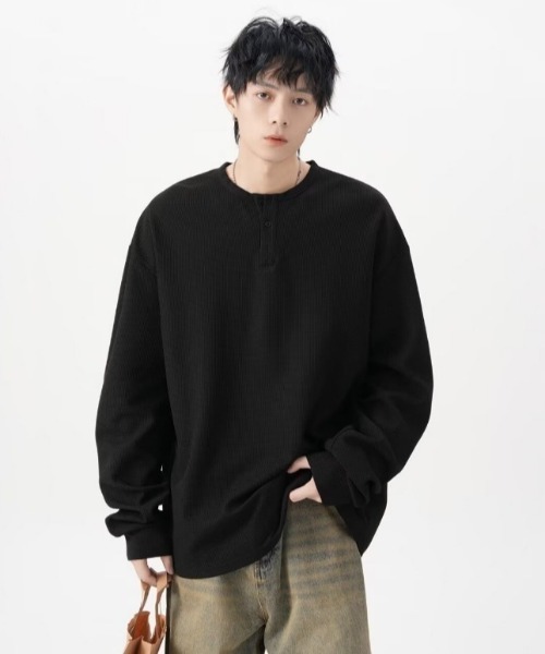 SHEPP(シープ)の「ビッグシルエットワッフル無地ヘンリーネックロンT(Tシャツ/カットソー・メンズ・ホワイト/グレー/ブラック・M/L)」の16枚目の写真