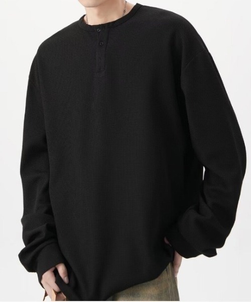 SHEPP(シープ)の「ビッグシルエットワッフル無地ヘンリーネックロンT(Tシャツ/カットソー・メンズ・ホワイト/グレー/ブラック・M/L)」の14枚目の写真