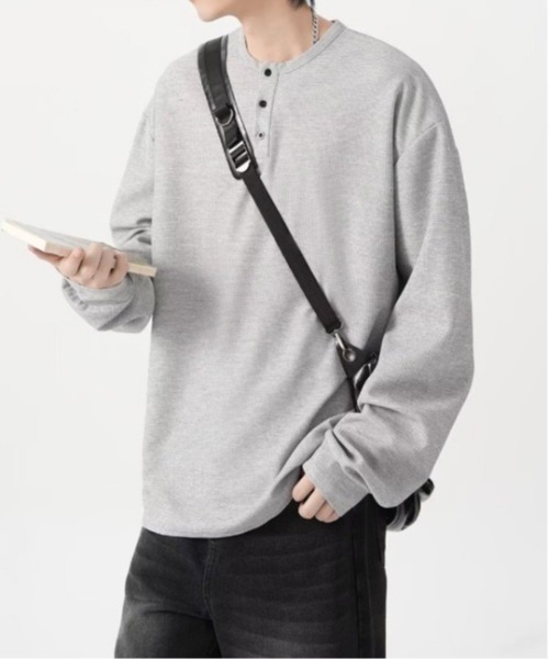 SHEPP(シープ)の「ビッグシルエットワッフル無地ヘンリーネックロンT(Tシャツ/カットソー・メンズ・ホワイト/グレー/ブラック・M/L)」の19枚目の写真