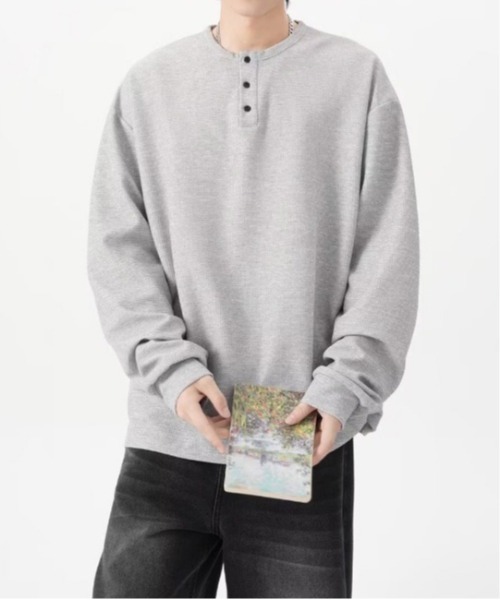 SHEPP(シープ)の「ビッグシルエットワッフル無地ヘンリーネックロンT(Tシャツ/カットソー・メンズ・ホワイト/グレー/ブラック・M/L)」の4枚目の写真