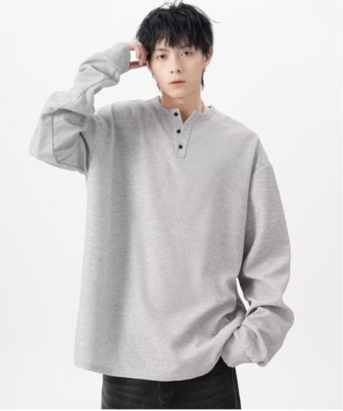 SHEPP(シープ)の「ビッグシルエットワッフル無地ヘンリーネックロンT(Tシャツ/カットソー・メンズ・ホワイト/グレー/ブラック・M/L)」の6枚目の写真