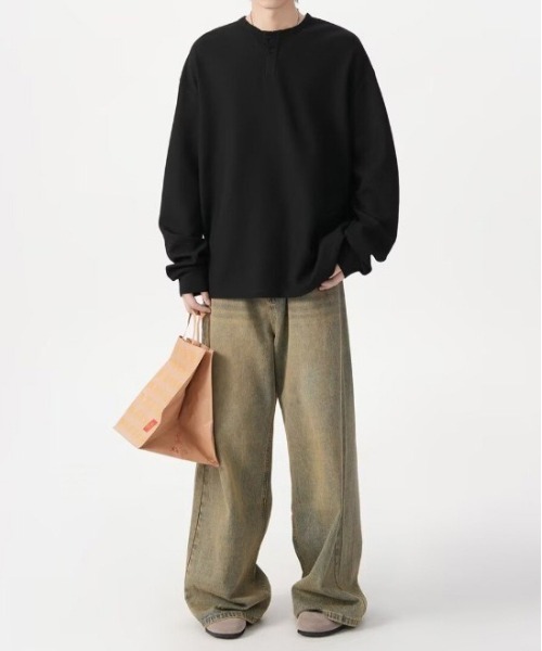 SHEPP(シープ)の「ビッグシルエットワッフル無地ヘンリーネックロンT(Tシャツ/カットソー・メンズ・ホワイト/グレー/ブラック・M/L)」の17枚目の写真