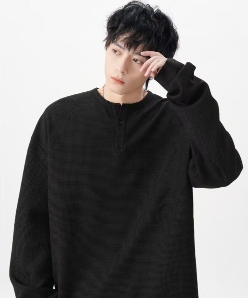 SHEPP(シープ)の「ビッグシルエットワッフル無地ヘンリーネックロンT(Tシャツ/カットソー・メンズ・ホワイト/グレー/ブラック・M/L)」の15枚目の写真
